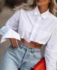 Blouses femininas colarinho virado para baixo Nenhuma blusa Blusa coreana 2023 Autumn Cotton Sleeved Camisa Mulheres