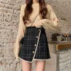 Röcke Balck Plaid Mini Tweed Frauen Metall Knöpfe Wrap Bleistift Herbst Winter Süße Große Größe A-linie Rock Casual N033