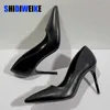 Leather High Heels Women Stiletto Pump Single Shoes Professional Ol Work Pointed Toe Sexy Party Black Wedding Shoe 5 7 9cm 0220