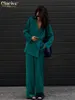 Kvinnor Tvåbitar byxor Claceive Fashion Long Sleeve Blazer Two Piece Set Women Outifits Casual Loose Office Pants Set Elegant Green Satin Trouser Suits 230220
