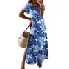 Partykleider 2023 Damen Sommerdruck Kurzarm Lange O-Ausschnitt Oversizd Dünne Damen Casual Blau Kleine Blume Blumenkleid