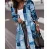 Women's Trench Coats Autumn Women Denim Look Print Button Front Longline Coat 2023 Femme Casual Long Sleeve Office Lady Outfits Elegant