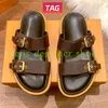 Luxury women men Sandals shoes Pool Pillow Flat Comfort Paseo Flat Comfort Mule Sandal Brown printed double single buckle black embossed Soft leather sole slippers