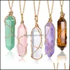 Pendant Necklaces Reiki Healing Natural Stone Necklace Wire Wrap Hexagonal Amethyst Pink Quartz Crystal Pendum Chakra Drop Delivery Dhnxf