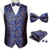 Mäns västar Fashion Blue Floral Silk Vest Waistcoat Men passar fjärilshandduk Manschettknappar Bowtie Barry.Wang Business Design