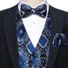 Gilet da uomo Moda Gilet di seta floreale blu scuro Gilet da uomo Completo da uomo Farfalla Fazzoletto Gemelli Papillon Barry.Wang Business Design