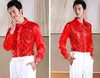 Men's Casual Shirts Red Sequin Glitter Shirt Men Long Sleeve Button Down Stage Prom Dress Shirts Mens Dance Host Chorus Shirt Male Chemise Homme 2XL 230220