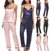 Women's Sleepwear 2PCS Women Lady Strap Sleep Sexy Lace Soft Satin Lingerie Smooth Silk-like Nightwear Top Pant Long Sleeve Pajama Set