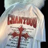 Мужские футболки Flame Cross Готическая футболка Негабаритная мужская винтажная гранж графический принт. Случайная хлопковая тройка хип-хоп уличная одежда Unisex Y2K Tops Z0220