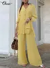 Womens Two Piece Pants Celmia Women 2 PCS Sets Solid Fashion Lapel Collar Long Sleeves Shirt and Wide Leg Long Pant Sets Casual Loose Pocket Slit Suit 230220