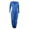 Casual Dresses Summer Women Long Solid Color Sleeve Sexy Deep V Ruched Tulip Hem Party Dress Slim Fit Clubwear Elegant