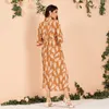 Casual Dresses 2023 Summer Midi Dress Women Tan Leaf Print Mushroom Buckle DrawString Sashes Shirt Collar Holiday Ruffle 3/4 Sleeve Robes