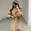 Casual Dresses Female Autumn Winter Knitted Dress Loose Two Piece Set Solid Mock Neck Thick Warm Knit Pullover Women Long Sweaters