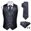 Gilets pour hommes Mode 4PC Floral Silk Gilet Gilet Hommes Slim Costume Noir Cravate Mouchoir Boutons De Manchette Cravate Barry.Wang Business