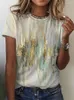 여자 T 셔츠 2023 여름 라운드 목 짧은 소매 여성 티셔츠 패션 빈티지 3D 초록 인쇄 숙녀 캐주얼 느슨한 거리 상판