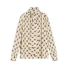 Kvinnors T-skjortor Silk Monkey Print Bind Up Round Collar Långärmad skjorta Topp 2023 Spring Summer