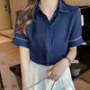 Damesblouses kantoor dame gestreepte witte dames knop Koreaanse mode blauw shirt vrouw korte mouw 2023 zomer tops chemisier femme