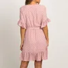 Abiti da festa Wave Point Women Pink Boho Lace Up Shirt Dress Beach Manica corta Ruffle Summer Chiffon Vestido Feminino