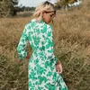 Casual jurken lente en zomers mode revers Lange jurk lange jurk bloemen afdrukken veter taille sexy lange mouwen elegant pastoraal