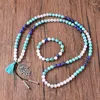 펜던트 목걸이 청록색 청록 Lapis Lazuli Natural Stone Mixed 108 Beads Long Necklace Palm 및 Tassel Boho Yoga Jewelry