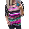 Kvinnors T-skjortor Fashion Pullover Multicolor Striped Color Matching Long-Sleeve T-Shirt Ladies Top för Autumn 2023 Casual Loose O-Neck Tops