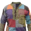 Herren-Freizeithemden, Herren-Hemd, Patchwork, Schnürung, Herbst-Top, Vintage, bunt, langärmelig, für den täglichen Gebrauch