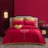 Set di biancheria da letto di lusso rosso in stile cinese da sposa ricamo in raso di cotone set copripiumino biancheria da letto federe tessili per la casa