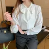 女性のブラウスBlusas Mujer de Moda 2023 Bow White Blouse Women Button Korean Style Fashion Blue Chiffon Shirts Fall Ladies Tops Closes