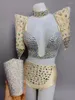 Sahne Giyim Dans Kıyafet Bar DJ Pole Dancing Kostüm Işıltılı Rhinestones Sütyen Şort Kadın Set (Headdress Kolye Eldiven Bikini)