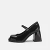 Dress Shoes Mary Jane Women High Heel 2023 Black Small Leather Square Head Thick Lacquer Shoe Pumps