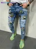 Men's Jeans 2 Styles Men Stretchy Ripped Skinny Biker Embroidery Print Jeans Destroyed Hole Taped Slim Fit Denim Scratched High Quality Jean 022023H 022123H