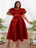 Casual Dresses Vintage Red Prom Elegant Square Neck Puffy High midje veckad flödande klänning Modig Evening Wedding Guest Födelsedagsklänning 3xl 3xl 3xl