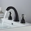 Badezimmer-Waschtischarmaturen, Waschtischmischer, schwarzer Messing-Wasserhahn, 3 Löcher, doppelter Kristallgriff und goldene Badewannenarmaturen für kaltes Wasser