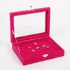 Jewelry Pouches TONVIC 20X15cm Pink Velvet Display Box Ring Bracelet Eearring Necklace Beads Storage Compartments Tray With Glass Lid