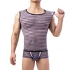 Men's Tank Tops Chiffon Mesh Mens Transparent Men Sexy Fitness Bodybuilding Stripes Gay Sleeveless Singlets/Sheer Vests