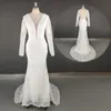 Robes de soirée Boho 2023 col en V profond découpé robe de mariée en dentelle réel Pos transparent rétro à manches longues ouvert dos transparent sirène robe de mariée 230221