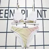 Klassisches Bikini-Set, Bademode für Damen, mit Buchstaben, Farbverlauf, Badeanzüge, Bikini-Set, modisch, Sommer, Urlaub, Strand-Stil, Wind, mentaler Schultergurt