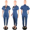 Summer Casual Fashion Blue Denim Jumpsuit For Women Slim Short Sleeved Pencil Jeans skinny Denim Jumpsuit Female