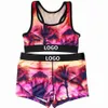 Femmes au détail Yoga Fitness tenues survêtements 2 pièces maillots de bain mode Sexy imprimé gilet haut court et ensemble short et haut