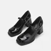 Dress Shoes Mary Jane Women High Heel 2023 Black Small Leather Square Head Thick Lacquer Shoe Pumps