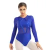 Stage Draag vrouwen rond nek lange mouwen glanzende pailletten mesh splice gymnastics turnard bodysuit ballet dancewear performance kostuum