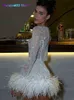 2023 Nieuwe casual jurken Euphoria Feather Full Sleeve Mini Dress Women Set Mesh Shinny Club Party Summer Jurken Tweedel Sets 022123H