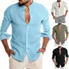 Mannen katoenen linnen overhemd effen kleur lange mouw vest lange mouw voor mannen casual losse kraagloze knop mannelijke man shirts