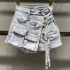 Women's Shorts Summer handsome military denim shorts skirts multi pocket Aline loose wide leg 230220