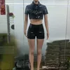 Sexy Woman PU Tracksuits New Breasted Waist Short Sleeve Imitation Leather Shirt Shorts For 2023 Spring