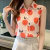 Women's Blouses Print Sleeveless Chiffon Turn-down Collar Beach Style Button Women Shirts 2023 Summer Tops Woman Clothes Chemisier Femme