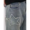 Jeans da uomo Street Retro Hip-hop Jeans ricamati in stoffa con stella a cinque punte Pantaloni larghi dritti da uomo e da donna Ins Abbigliamento uomo JEANS 230220