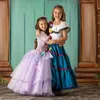 소녀의 드레스 새로운 영화 역할 놀이 어린이 드레스 보라색 3D 꽃 드레스 공주 파티를위한 생일 헤드웨어와 코스프레 의류 w0221
