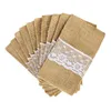 Tapis de table 10pcs / Set Jute Dentelle Couverts Sac Fourchette et porte-couteaux pour la fête de mariage Famille Salle à manger Restaurant Café Décoration