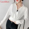 Women's Blouses Shirts Sexy White Cropped Summer Korean Fashion Long Sleeve Crop Shirt Ladies Designer V Neck Wrap Top 230220